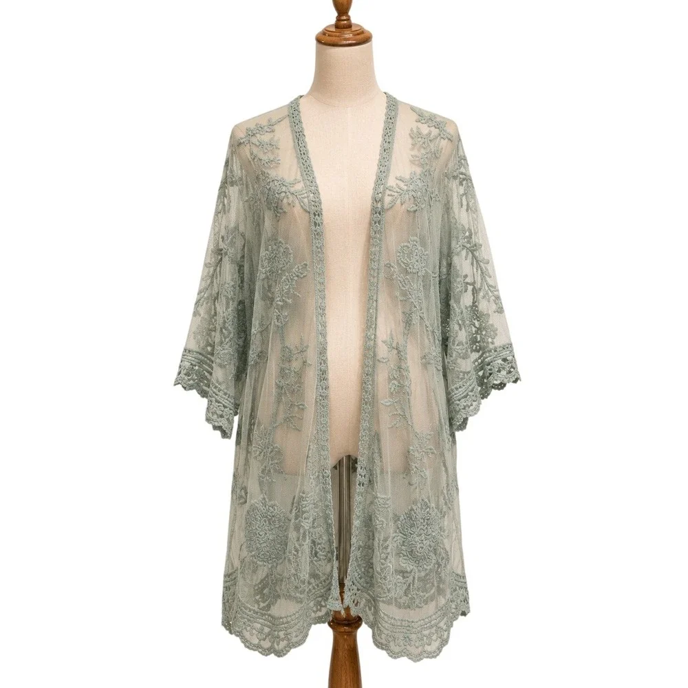 Anna-Kaci Sage Green Embroidered Lace Kimono Duster One Size Sheer Floral